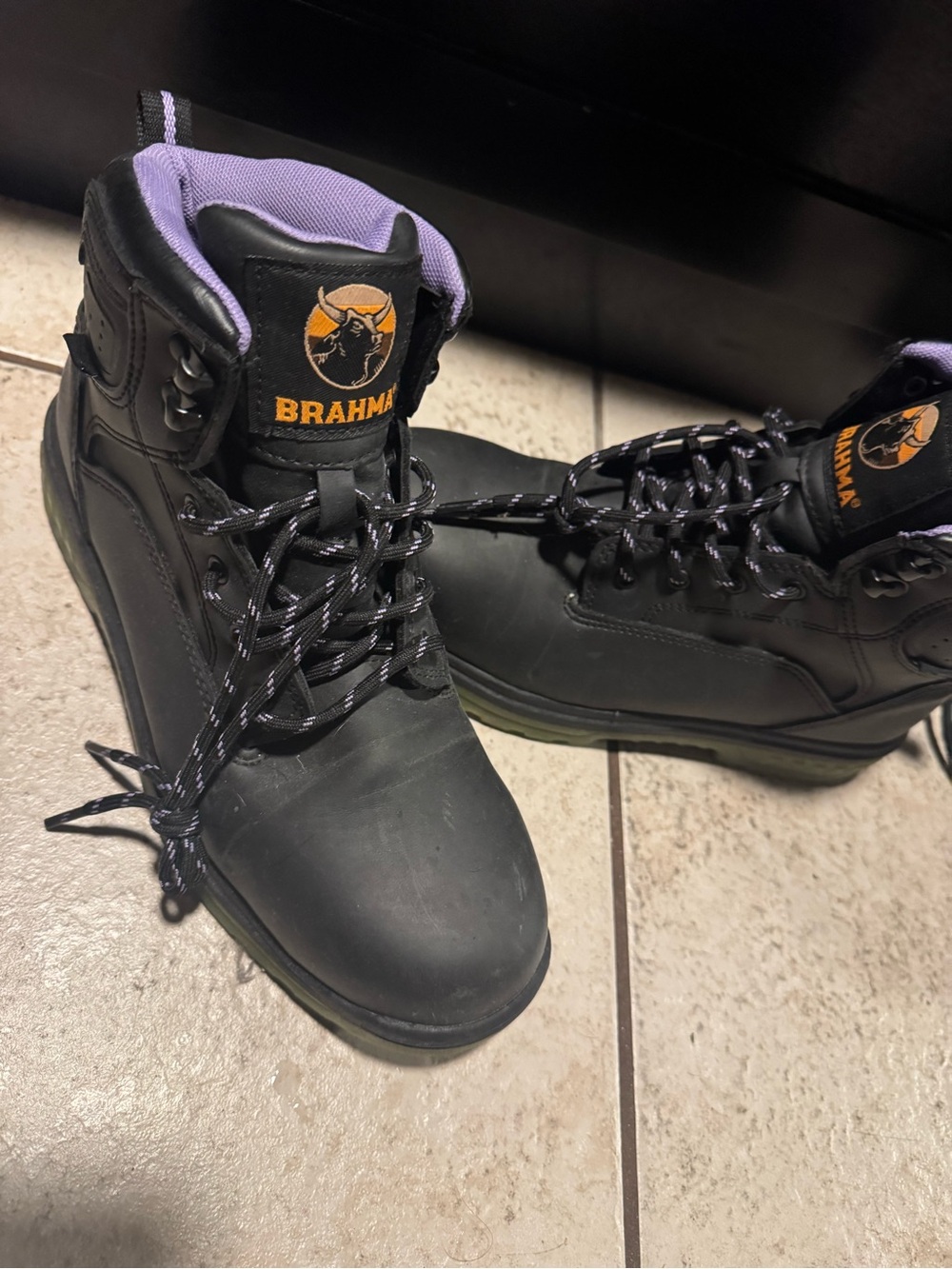 Brahma Black Work Boots with Purple Collar Accent